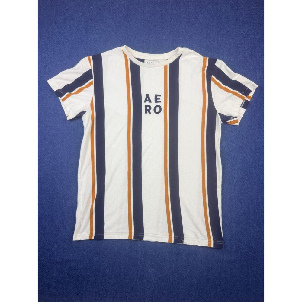 Aeropostale Mens M Vertical Stripe AERO Logo T Shirt White Navy Orange
